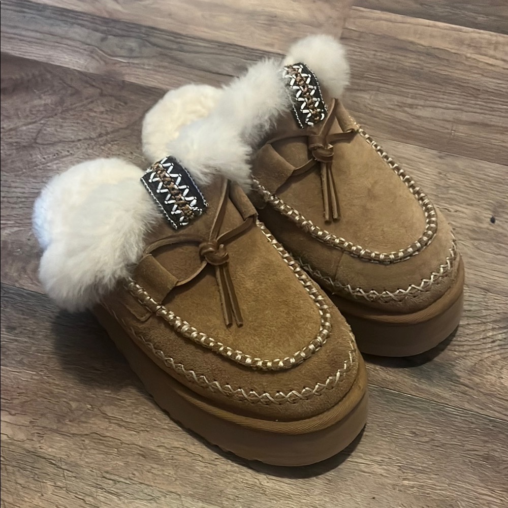 UGG Tan Suede Moccasin Slippers with Cream Fur